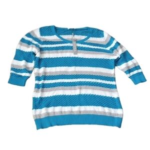 Joseph A Womens Top Sz XL Turquoise Stripes Open Knit 3/4 Sleeves Coastal Beachy
